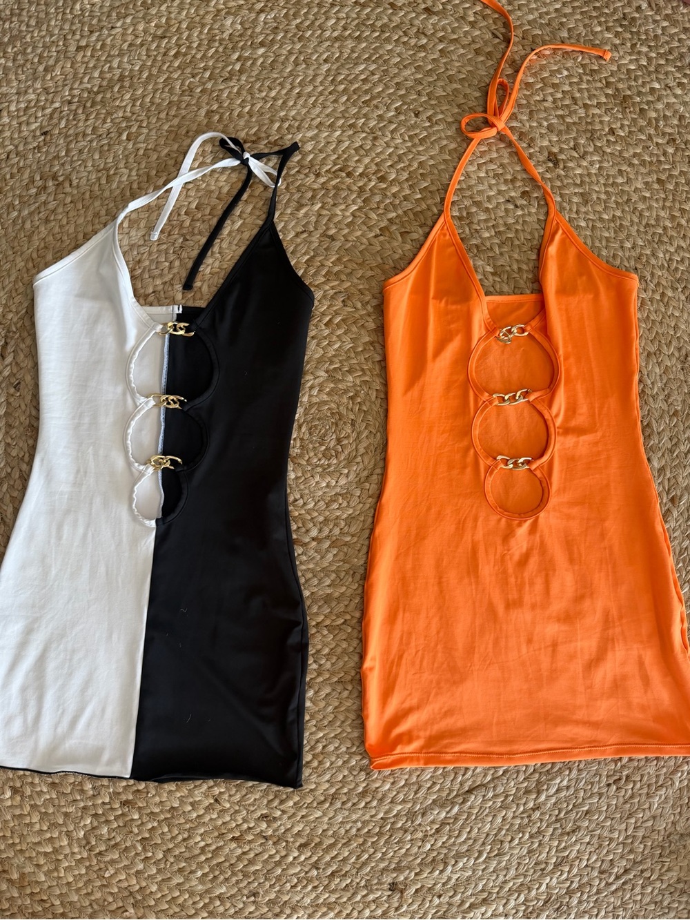 Women’s Halter Mini Dress with Ring Detail - Black & White / Orange 2 piece